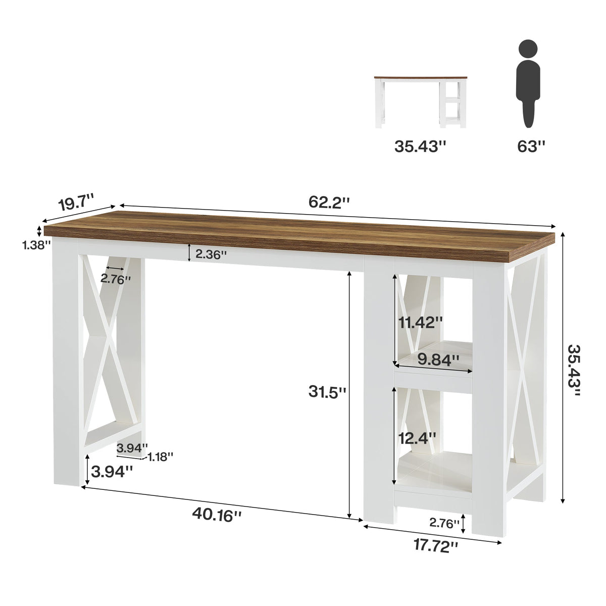 62.2" Bar Table with Storage Shelves, Farmhouse Counter Height Pub Table for Kitchen