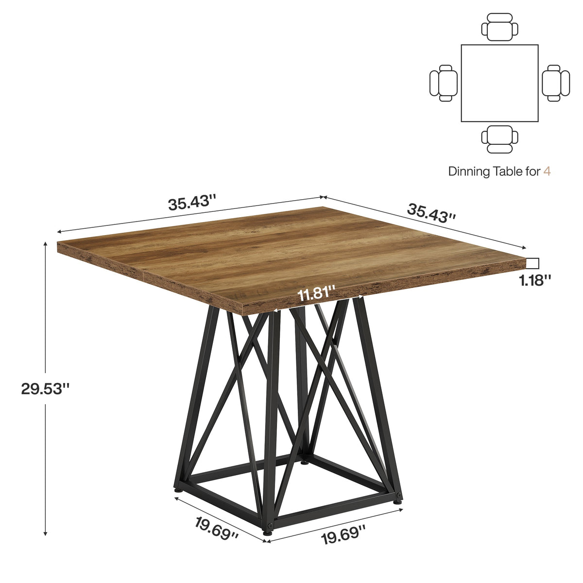 Square Dining Table for 4, 35.4" Small Kitchen Table with Metal Base