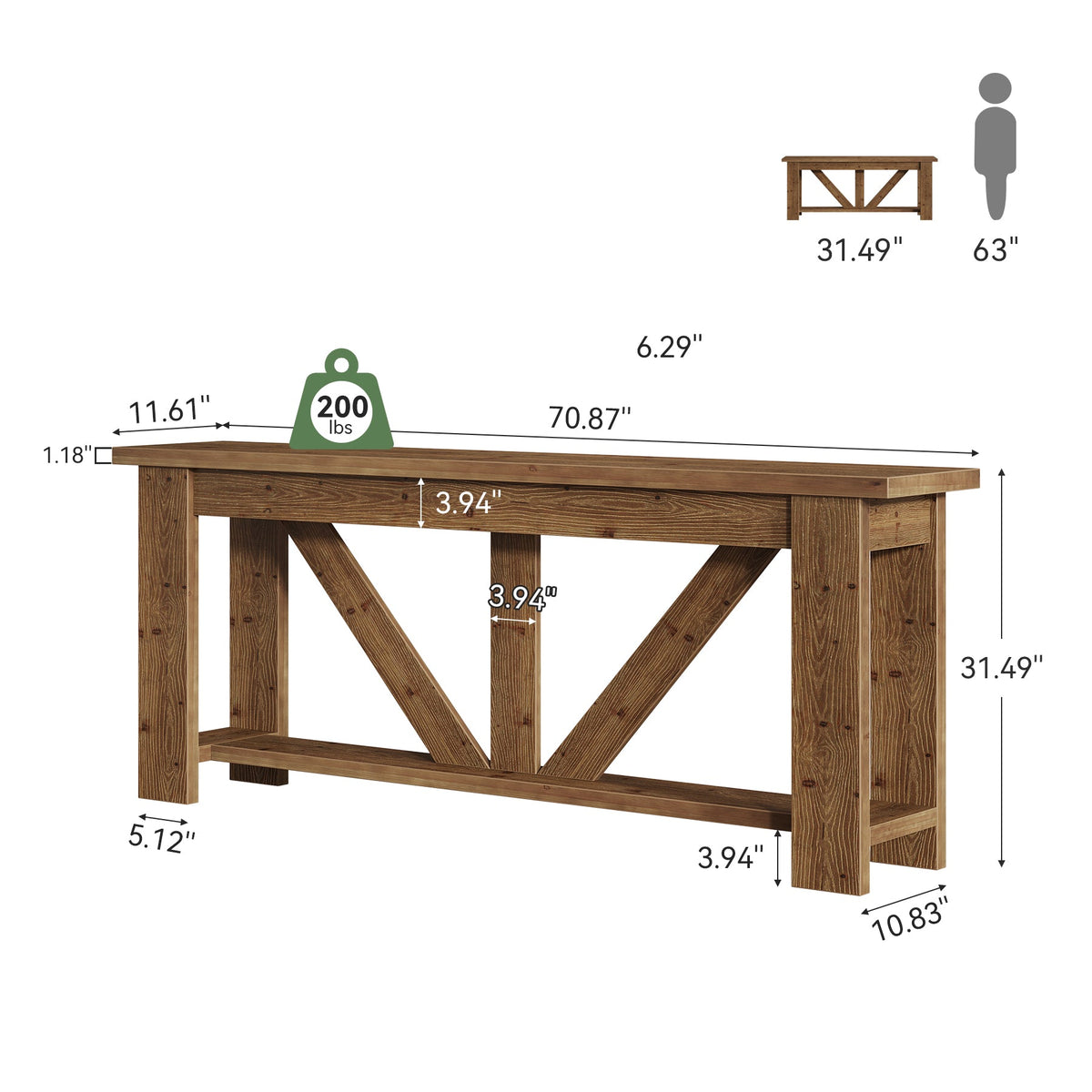 70.9" Solid Wood Console Table,  2-Tier Sofa Table Behind Couch with Storage