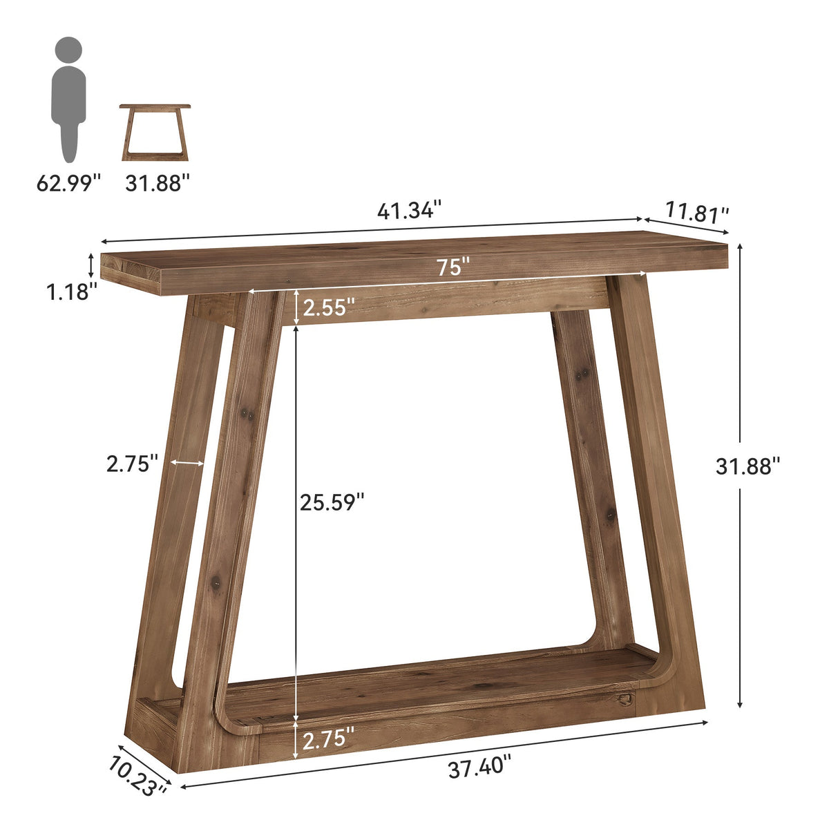 41" Solid Wood Console Table, 2-Tier Entryway Sofa Table for Living Room, Hallway