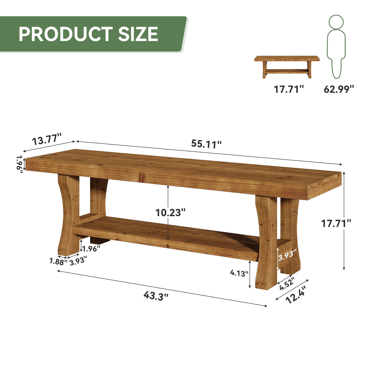 55" Entryway Bench, Solid Wood End of Bed Bench Dining Seat