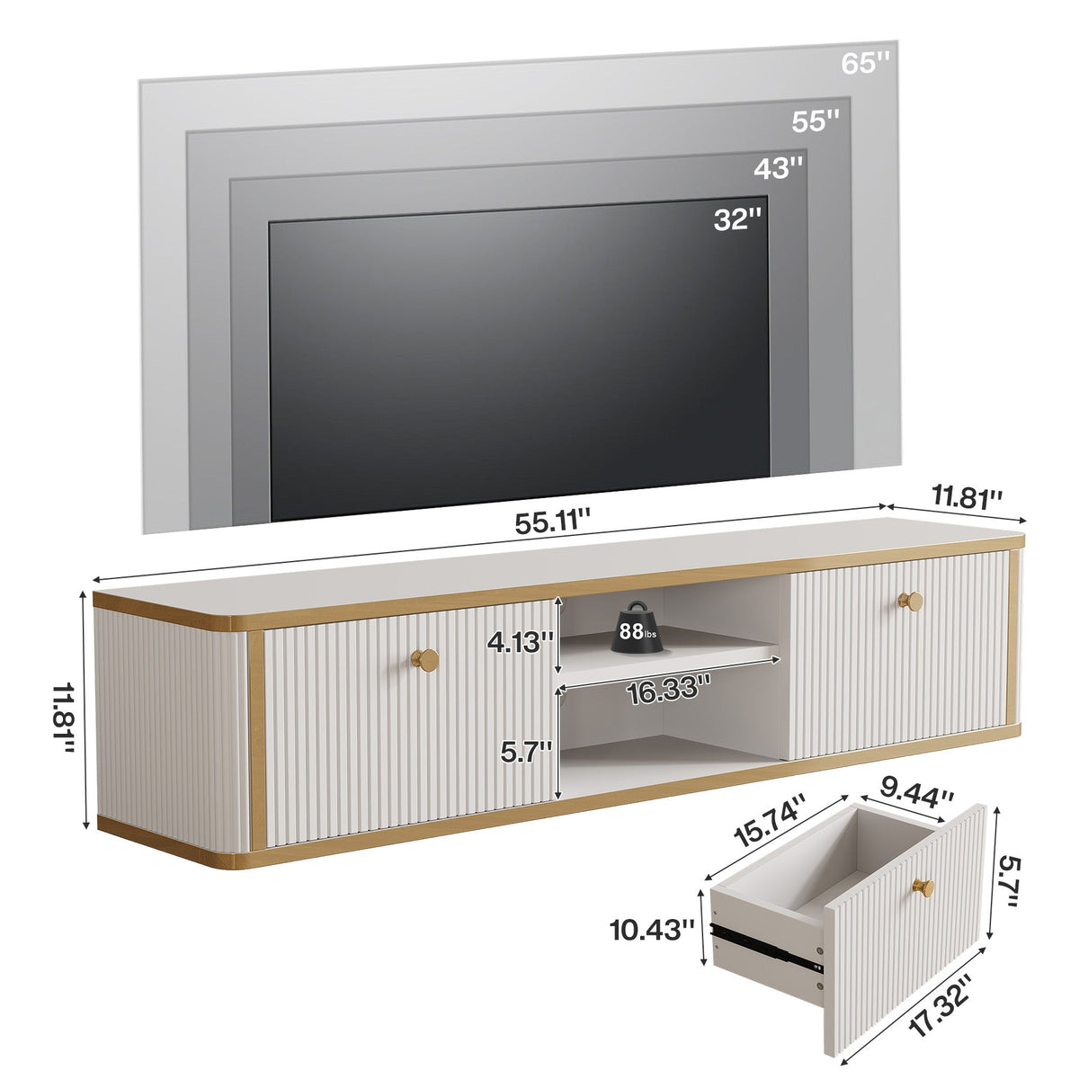 55" Floating TV Stand with 2 Drawers, Wall Mounted Entertainment Center for Living Room