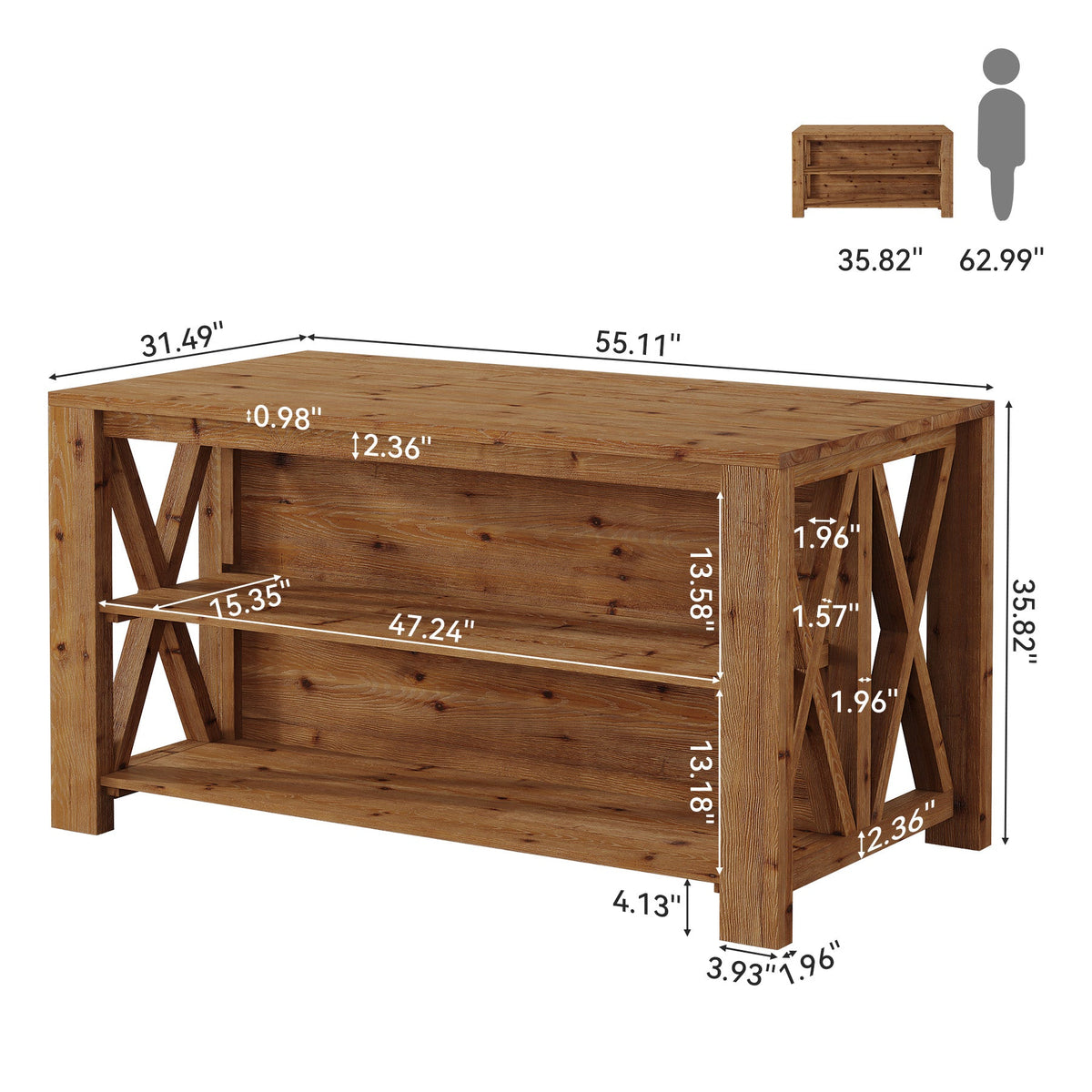 55" Solid Wood Kitchen Island, 3-Tier Stationary Storage Table For Kitchen Dining Room