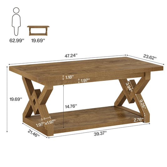 2-Tier Coffee Table, 47.24" Rectangle Center Tea Table with Open Shelves