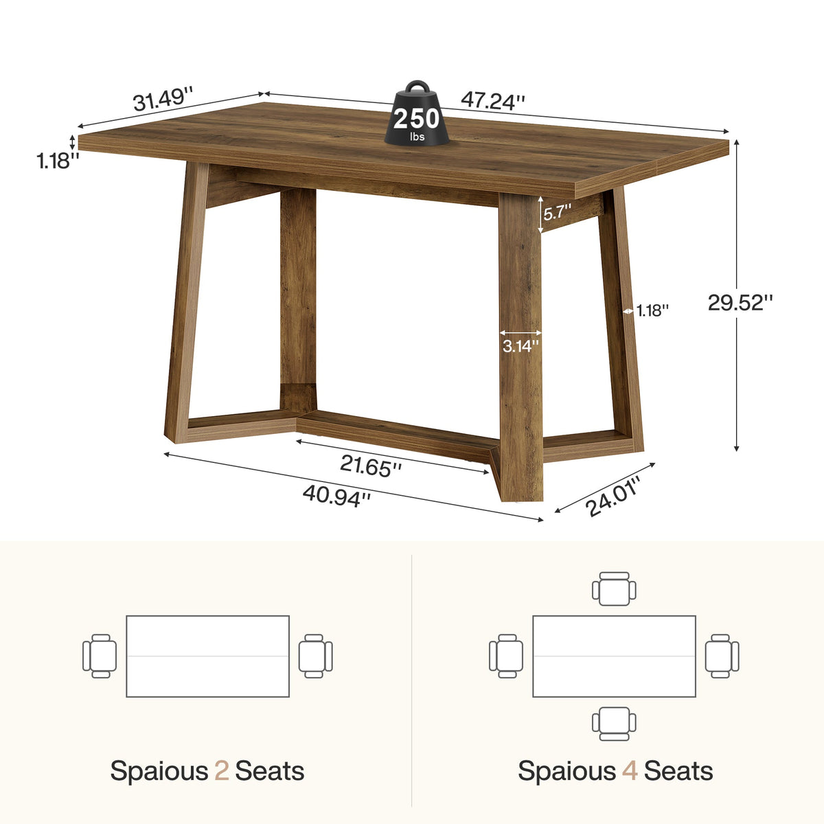 47" Dining Table for 4, Rectangular Kitchen Table with Sturdy Base