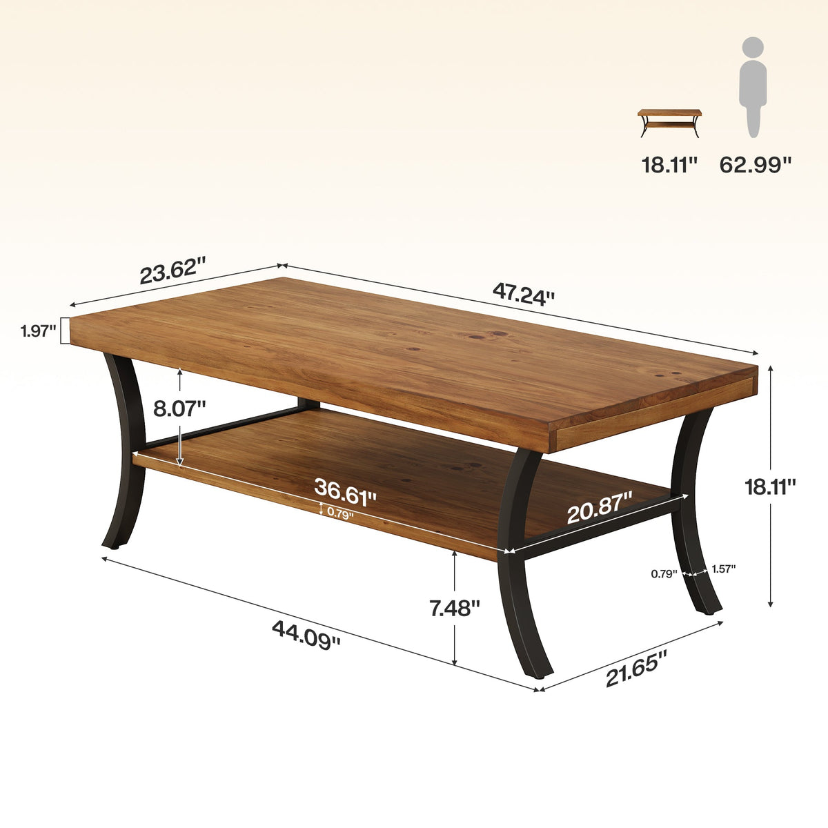 47.24" Solid Wood Coffee Table, 2-Tier Rectangular Center Table with Curved Metal Legs