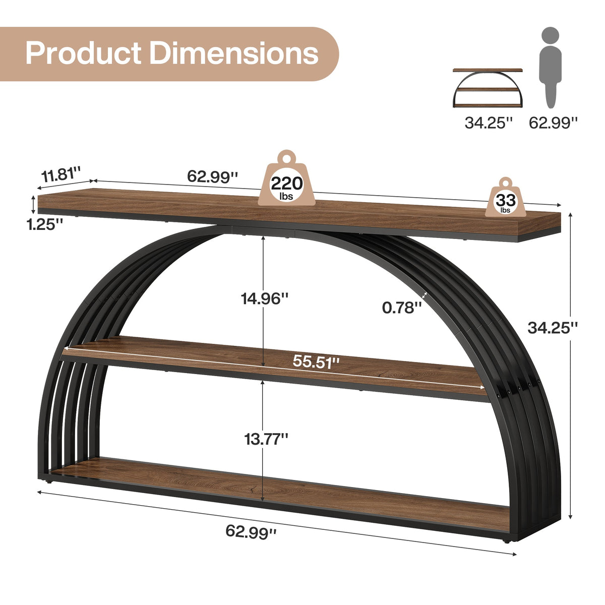 63" Console Table, 3-Tier Sofa  Entryway Table with Arched Frame