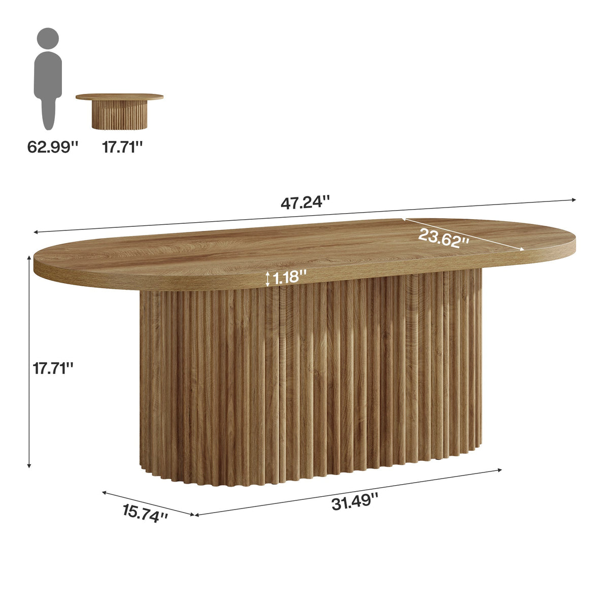 47.2" Oval Coffee Table, Farmhouse Center Table with Fluted Design