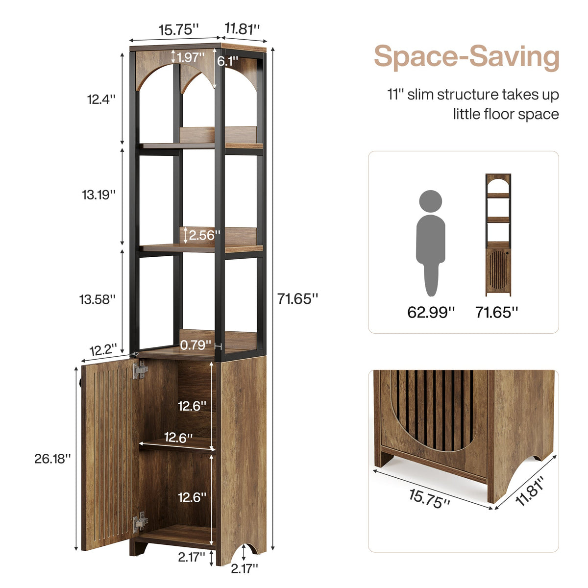 71.6" Bookshelf with Cabinet, Narrow Bookcase with Open Storage Shelves
