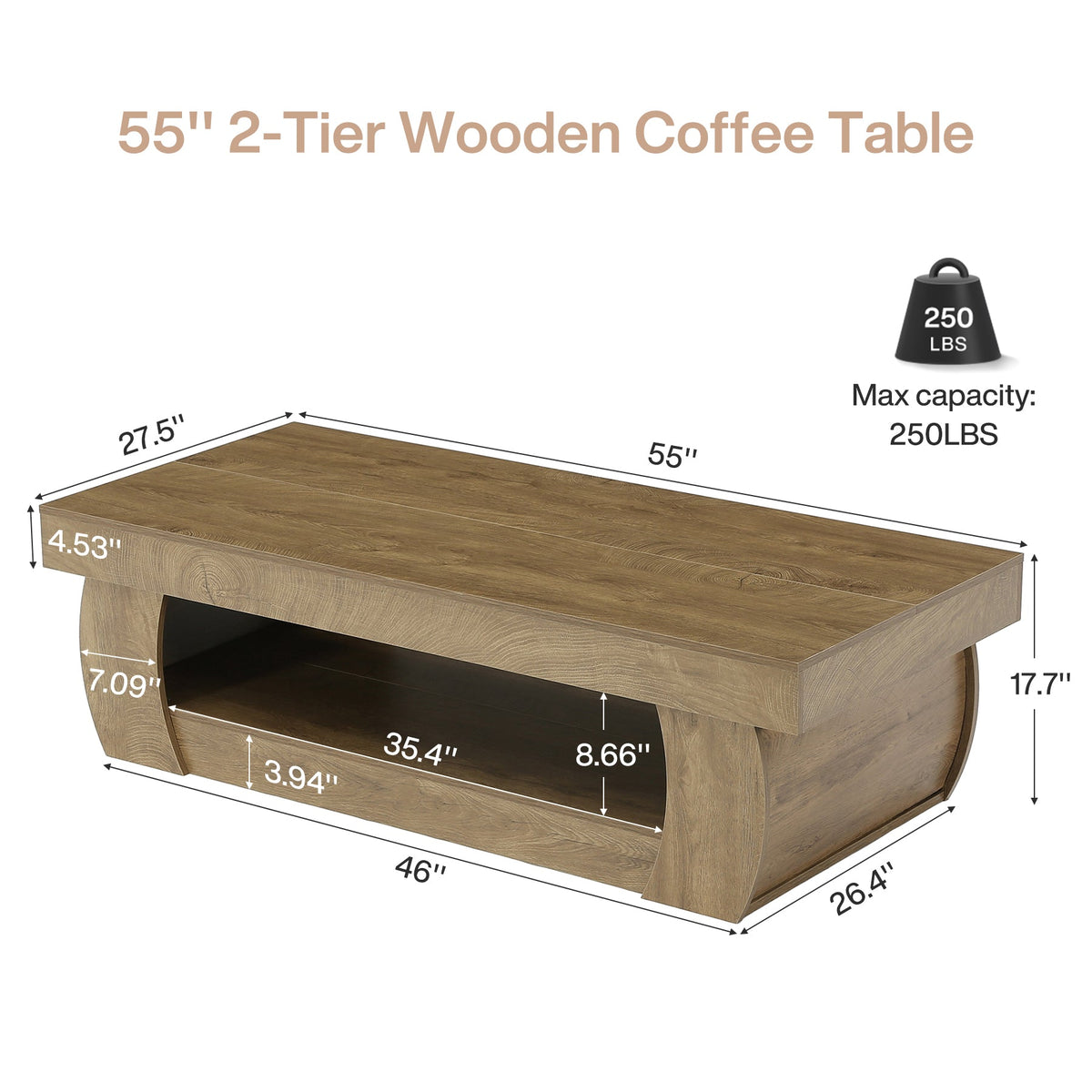 Tribesigns 55-Inch Wooden Coffee Table with 2-Tier Storage Shelf and Curved Legs, Modern Farmhouse Center Table for Living Room and Apartment