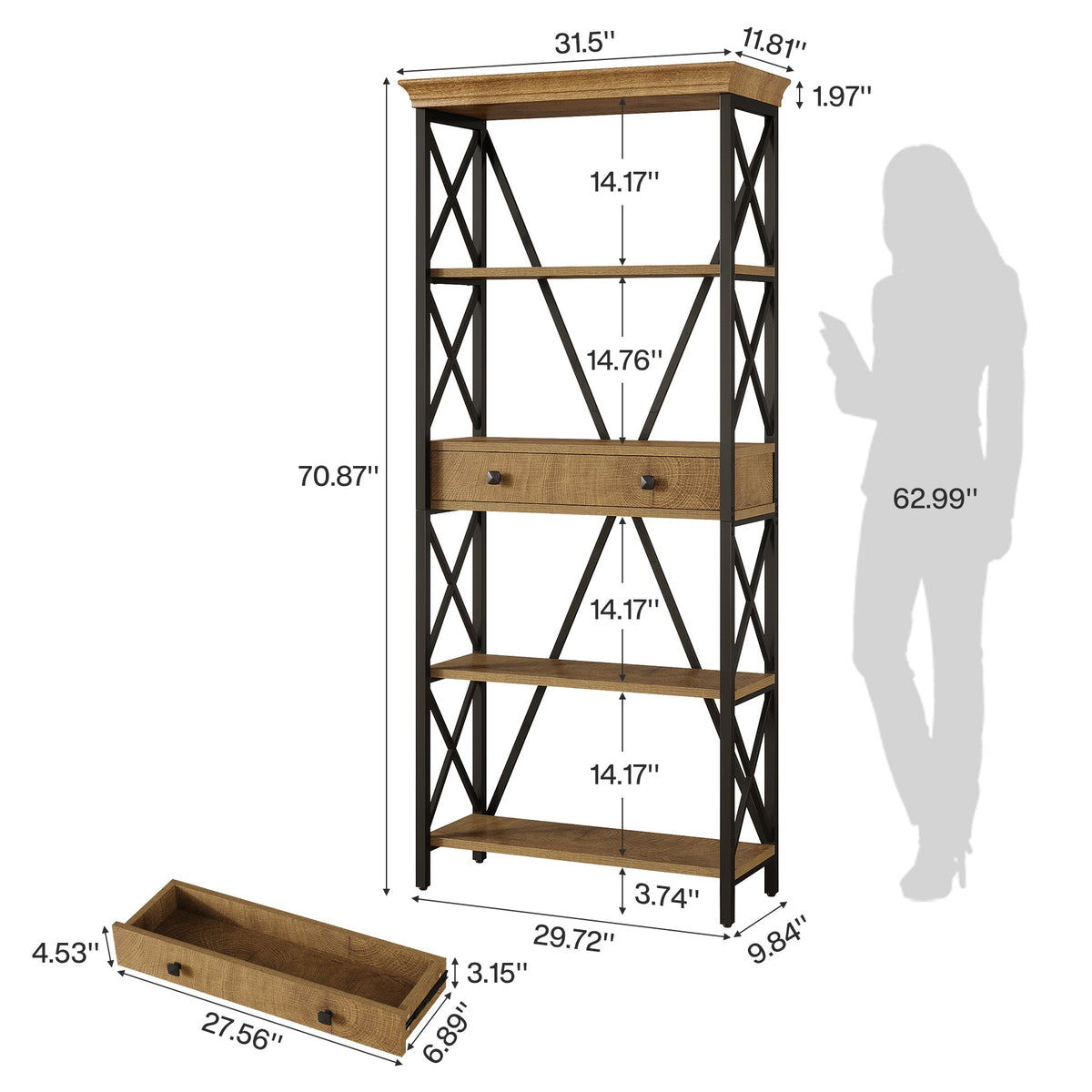70.9" Bookshelf with Drawer, Industrial Bookcase with Open Shelf and Stable X Frame