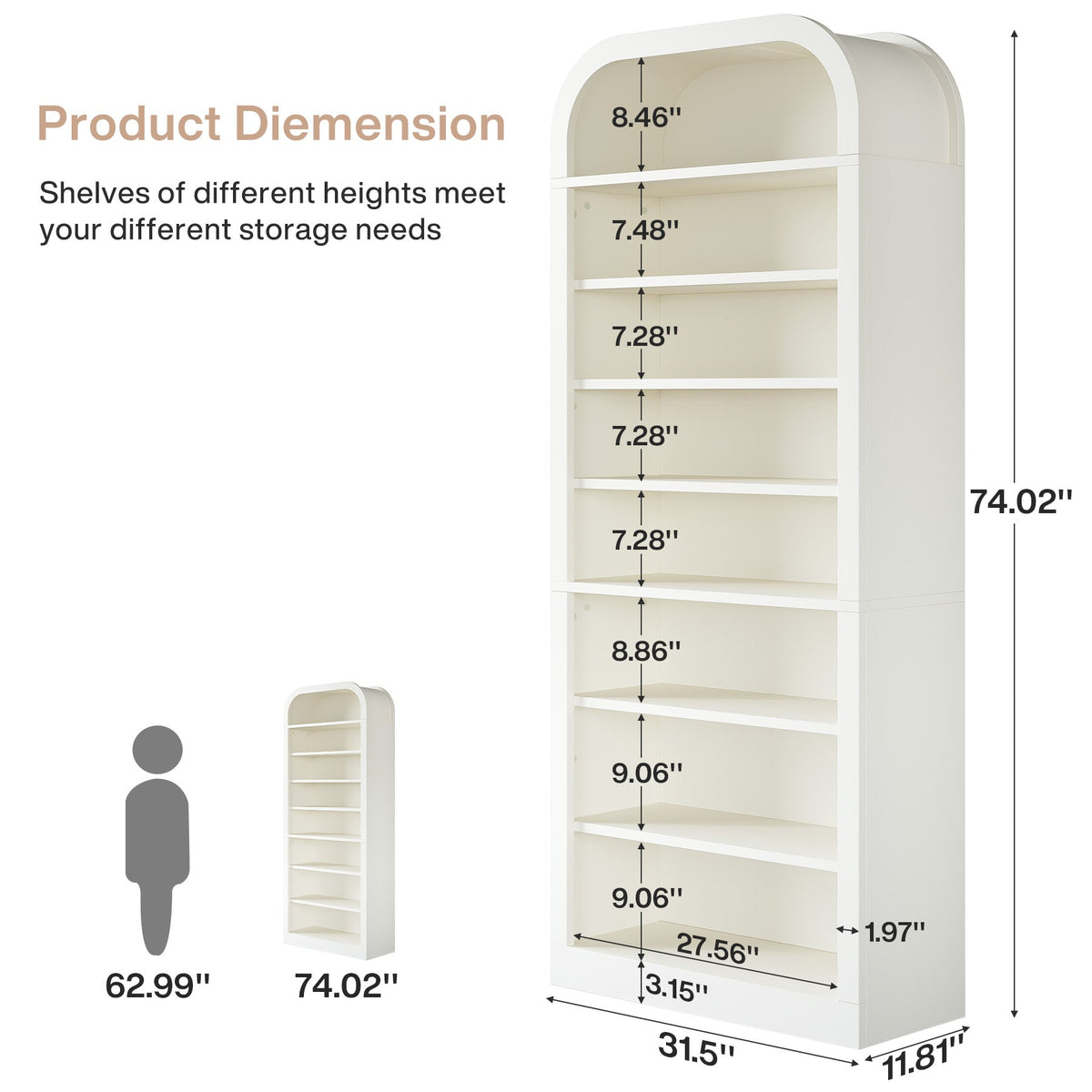 8-Tier Arched Bookshelf, 74” Tall Bookcase Open Display Shelf for Home Office