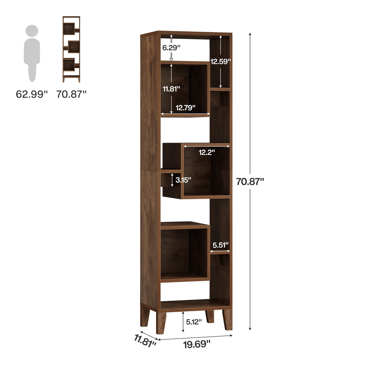 71" Narrow Bookshelf, 8-Tier Staggered Bookcase Etagere Display Shelf