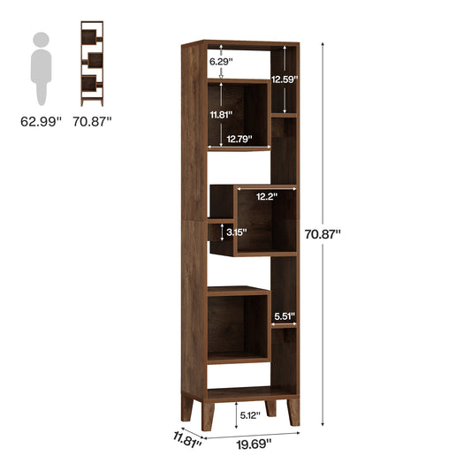 71" Narrow Bookshelf, 8-Tier Staggered Bookcase Etagere Display Shelf