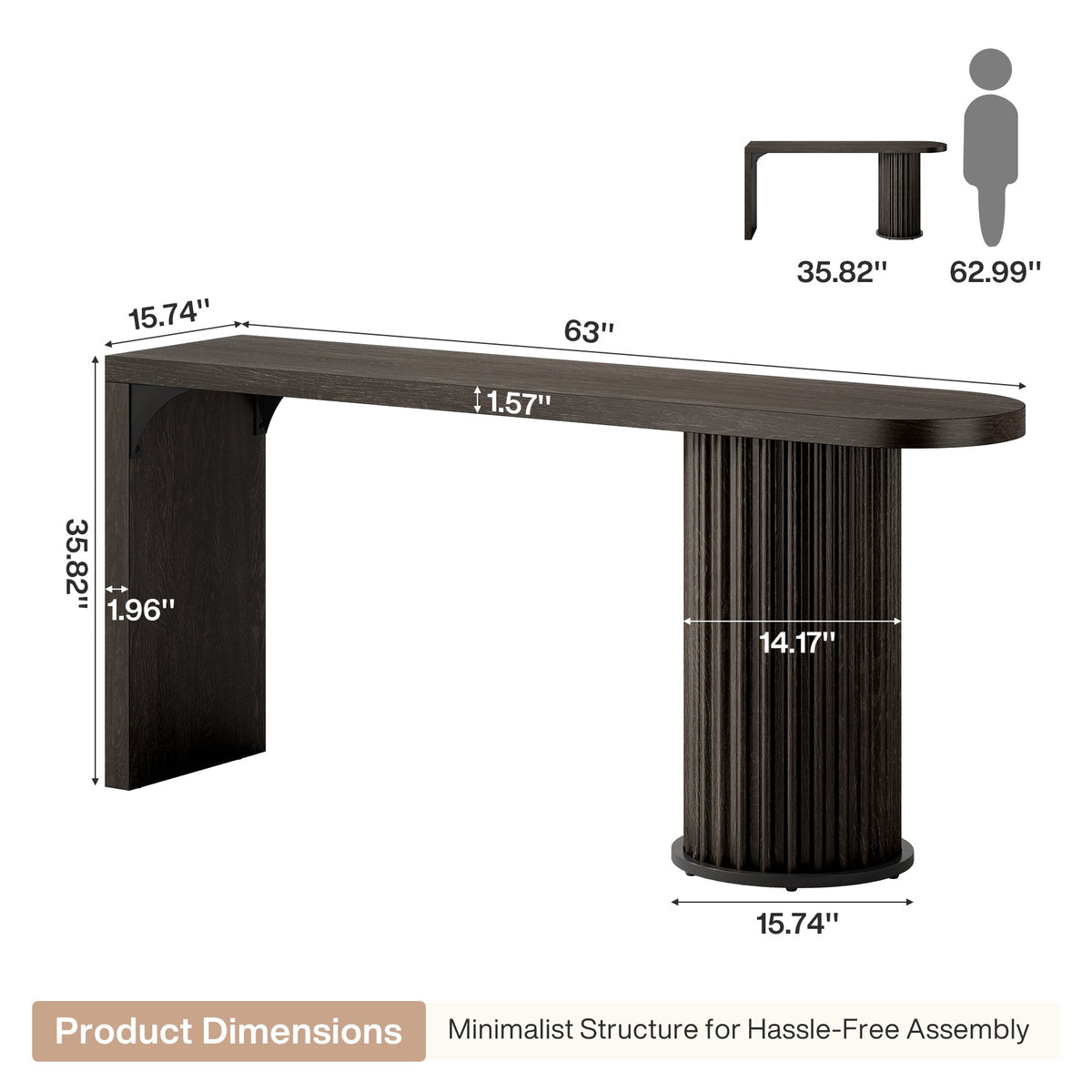 63" Bar Table, Counter Height Pub Table with Fluted Cylindrical Base