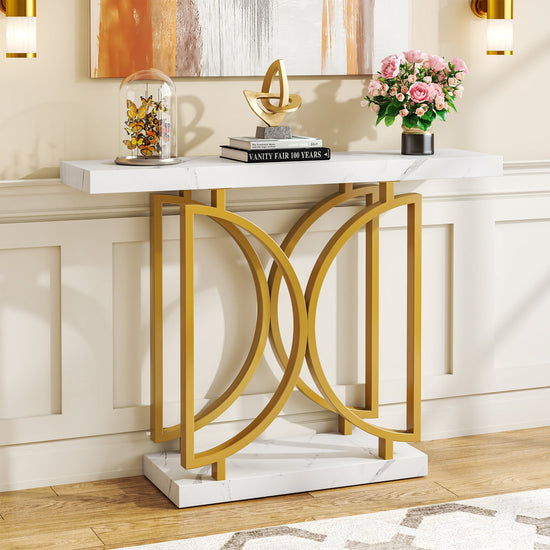 Console Table, Faux Marble Sofa Table with Double D-Shaped Metal Base Tribesigns