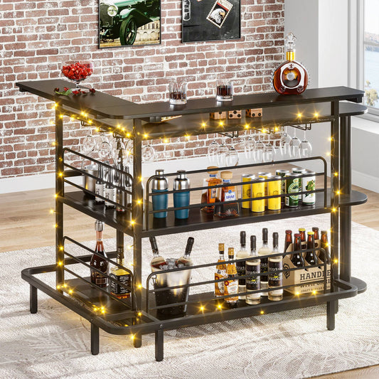 Home Bar Unit, 4 Tier L-Shaped Liquor Bar Table with Storage Shelves Tribesigns