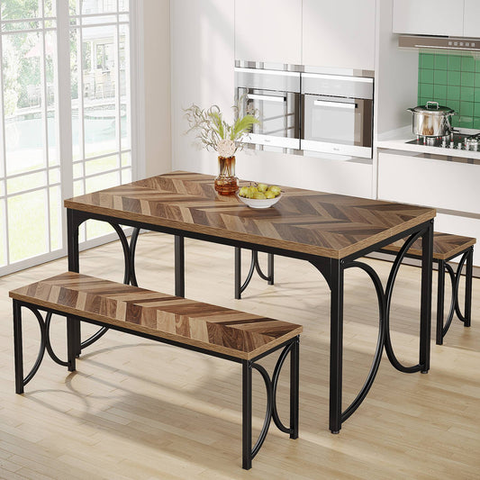 3-Piece Dining Table Set, 47'' Rectangular Kitchen Table with Two Benches Tribesigns