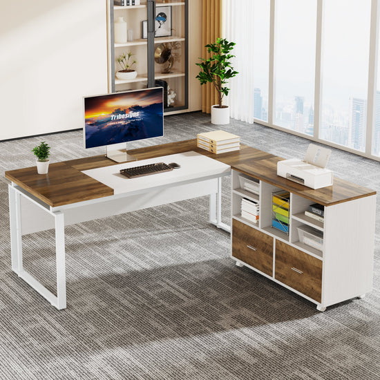 L-Shaped Executive Desk, 63" Computer Desk with Mobile File Cabinet Tribesigns