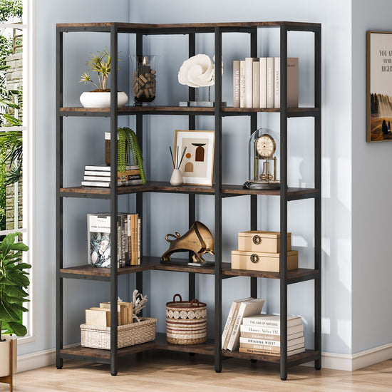 5-Shelf Corner Bookshelf, Reversible L-shaped Corner Etagere Bookcase Tribesigns