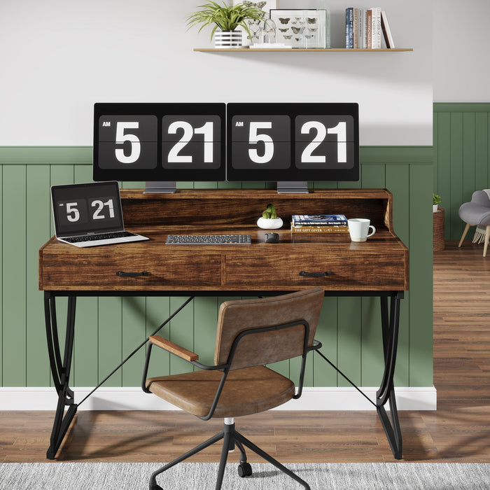 2-Drawer Computer Desk, Industrial 47" Writing Table with Monitor Stand Tribesigns