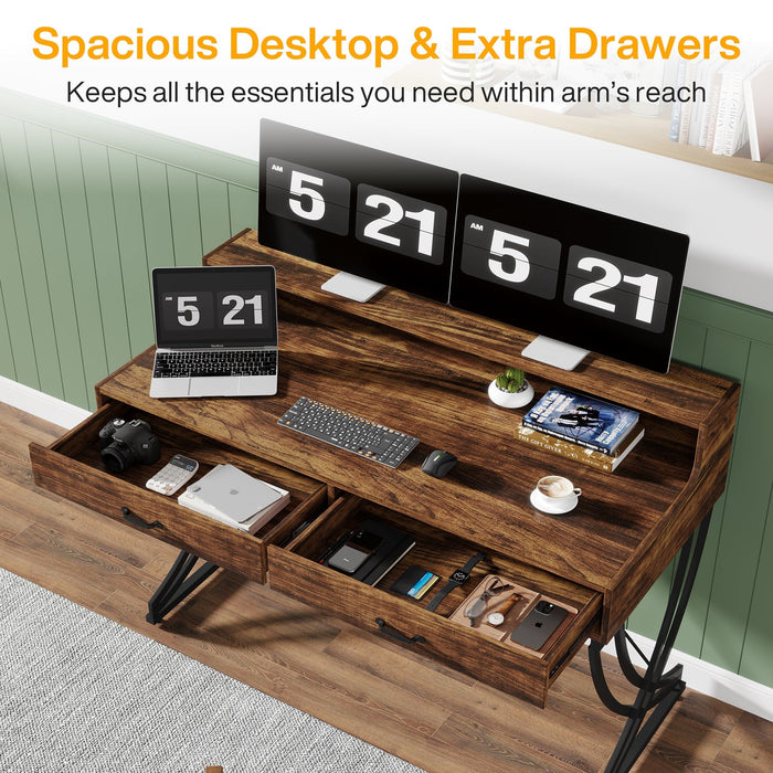 2-Drawer Computer Desk, Industrial 47" Writing Table with Monitor Stand Tribesigns