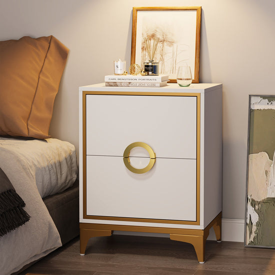 2-Drawer Nightstand, Modern Wood Bedside Table with Metal Legs Tribesigns