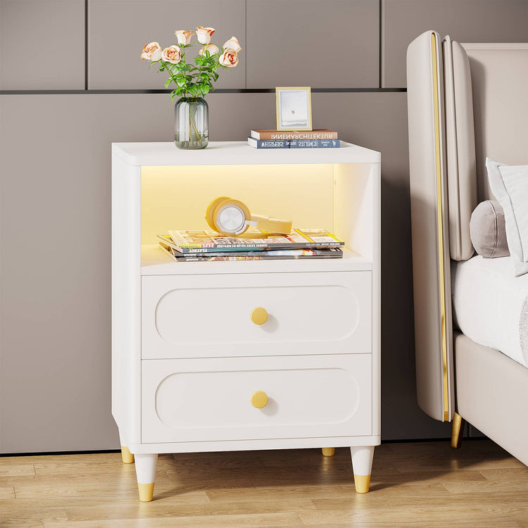 Nightstand, 2-Drawer Bedside Table with LED Light & Storage Shelf Tribesigns