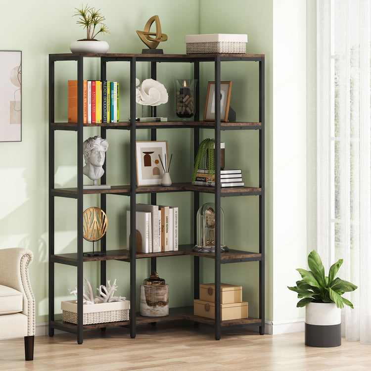 5-Shelf Corner Bookshelf, Reversible L-shaped Corner Etagere Bookcase Tribesigns