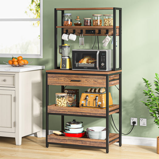 5-Tier Kitchen Baker's Rack with Power Outlets, Drawer & Sliding Shelves Tribesigns