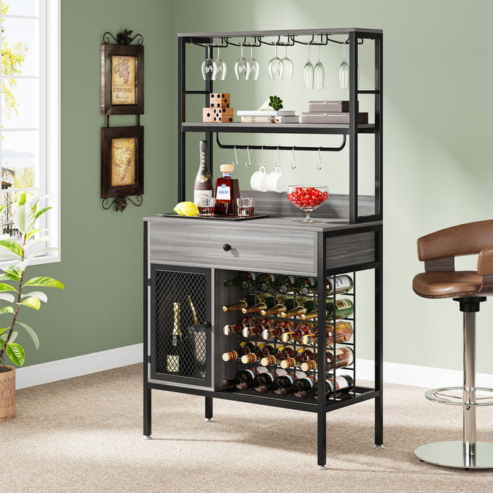 Tribesigns Wine Rack, 64" Wine Bar Cabinet with 6 Hooks & Drawer
