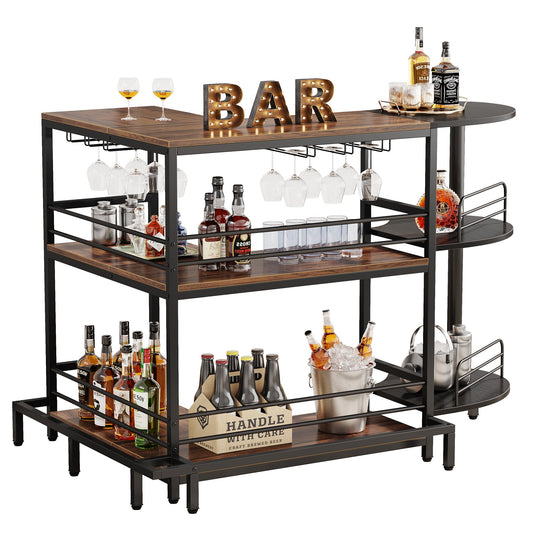 Home Bar Unit, 3-Tier L-Shaped Liquor Bar Table with Glass Holders Tribesigns