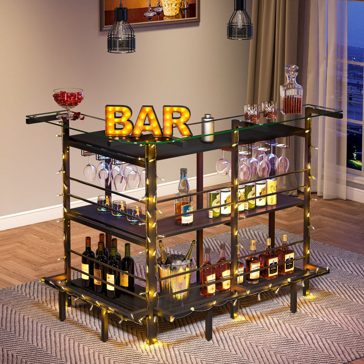 Home Bar Unit, L Shaped Liquor Bar Table with Glass Counter Top Tribesigns