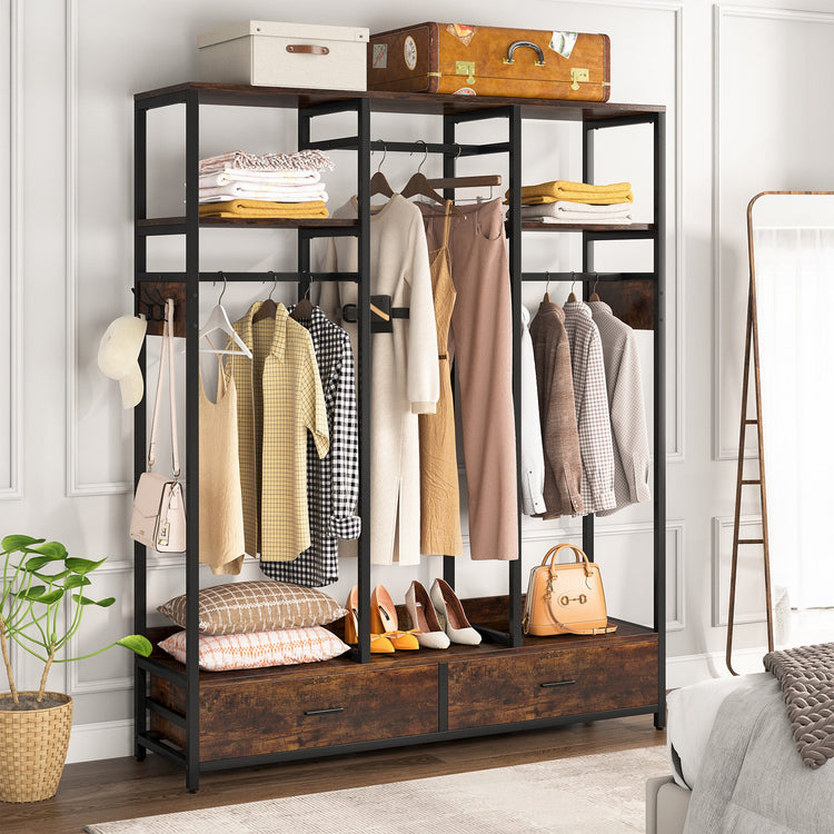 Freestanding Closet Organizer, Garment Rack with 2 Drawers & Shelves Tribesigns