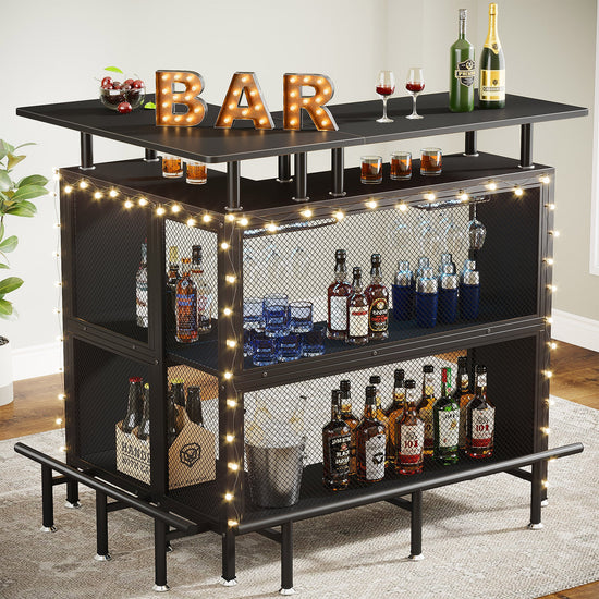 Home Bar Unit, L-Shaped Liquor Bar Table with Glasses Holders & Shelves Tribesigns