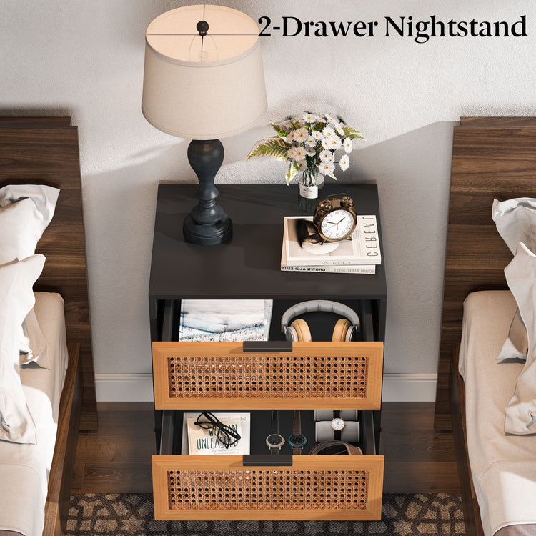 Rattan Nightstand, Bedside Table with Handmade Vine Drawers Tribesigns