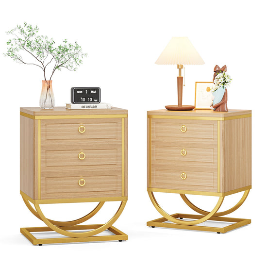 3 Drawers Nightstand, Modern Wood Bedside Table with Metal Frame Tribesigns