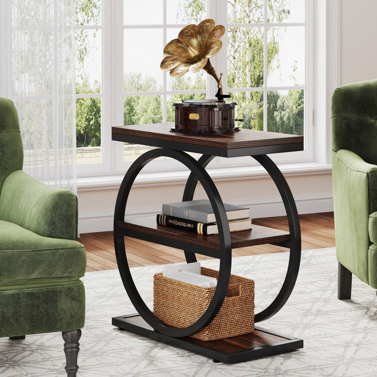 3-Tier End Table, Industrial Sofa Side Table with Round Metal Frame Tribesigns