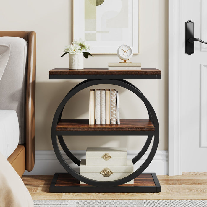 3-Tier End Table, Industrial Sofa Side Table with Round Metal Frame Tribesigns