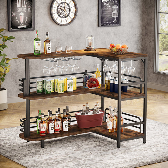 Bar Unit, 3 Tier L-Shaped Liquor Bar Table with Wine Glasses Holder Tribesigns