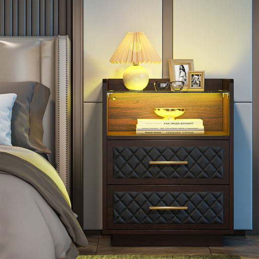 Nightstand, 2 Drawers Beside Table with LED Lights and Shelves Tribesigns