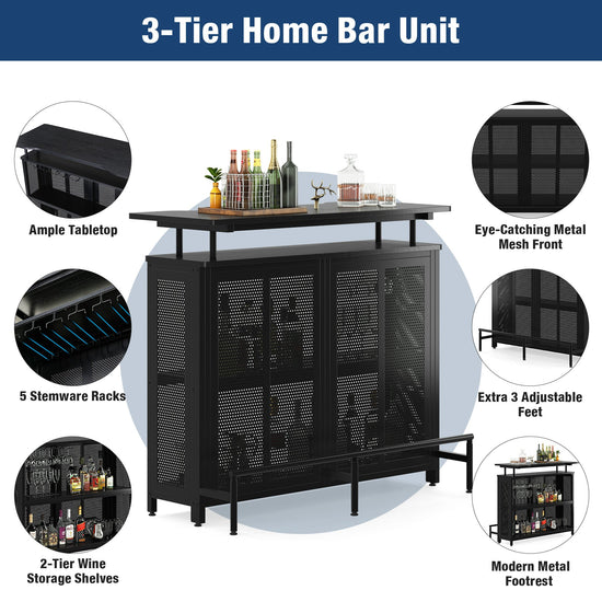 Bar Unit, 3 Tier Liquor Home Bar Table with Stemware Racks Tribesigns