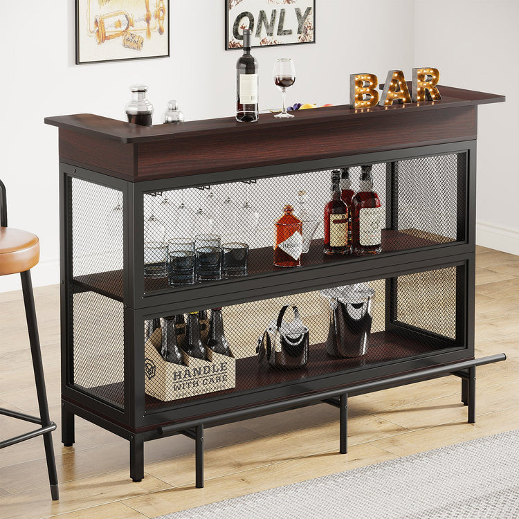 Home Bar Unit, Industrial 3 Tier Liquor Bar Table with Stemware Rack Tribesigns