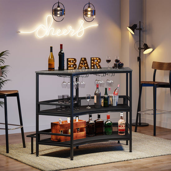 Bar Unit, 3 Tier Bar Counter with Storage Shelves and Stemware Holder Tribesigns