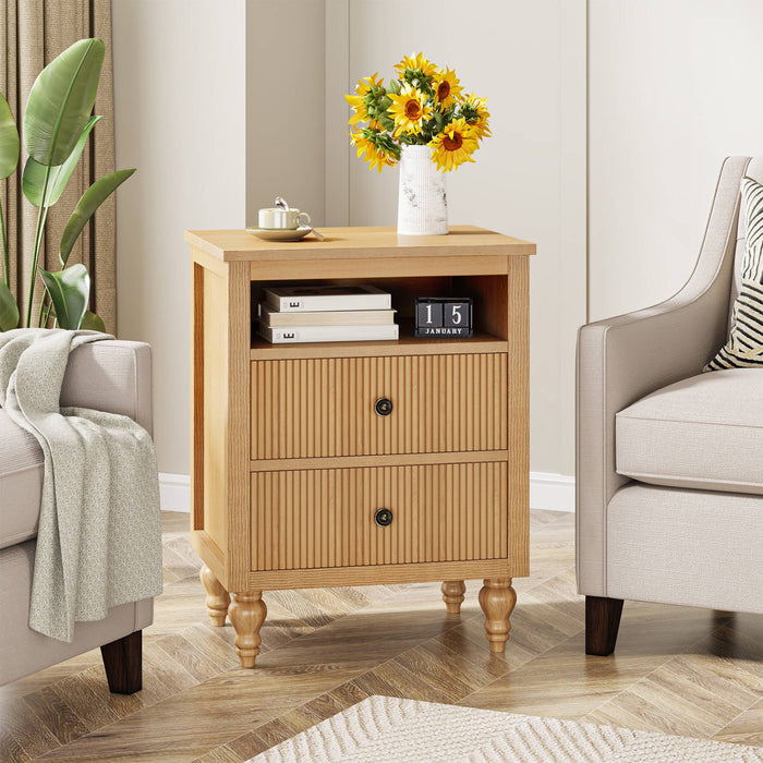 Wood Nightstand, 2 Drawers Sofa Side Table with Open Storage Space Tribesigns