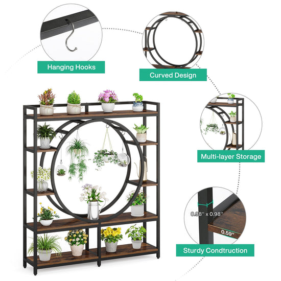 5-Tier Plant Stand, 59" Wide Plant Shelf Display Rack with 4 Hanging Hooks Tribesigns