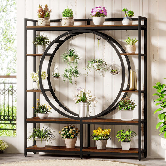 5-Tier Plant Stand, 59" Wide Plant Shelf Display Rack with 4 Hanging Hooks Tribesigns