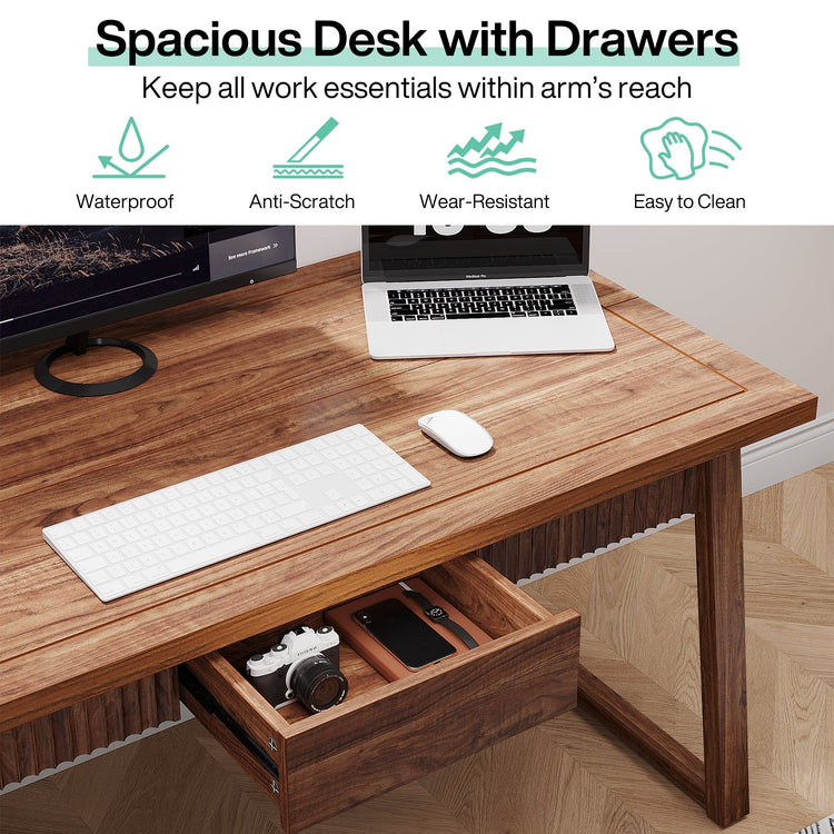 55" Wood Computer Desk, Mid-Century Modern Study Writing Table with Drawer Tribesigns