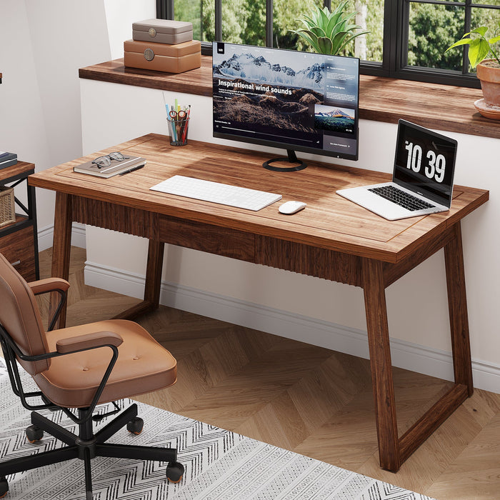 55" Wood Computer Desk, Mid-Century Modern Study Writing Table with Drawer Tribesigns