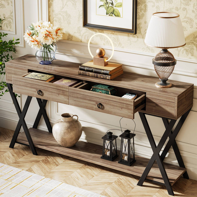 2 Drawers Console Table, 71" Entryway Sofa Table with Shelf Tribesigns